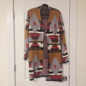 Anne French Aztec Patterned Open Front Sweater Cardigan Sz Small